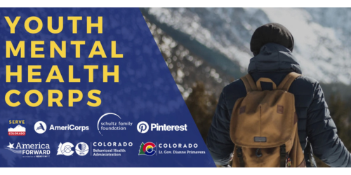 Photo of a youth with a backpack in the mountains next to "Youth Mental Health Corps" sponsor logos