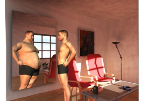 Computer-generated image of a man in shorts standing in front of a mirror seeing he is fat