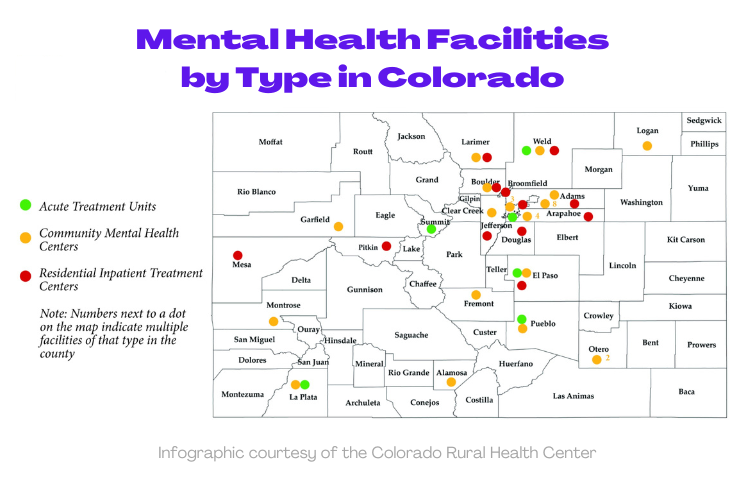 Infographic map of Mental Health Facilities by Type in Colorado (by county) with colored dots indicating locations