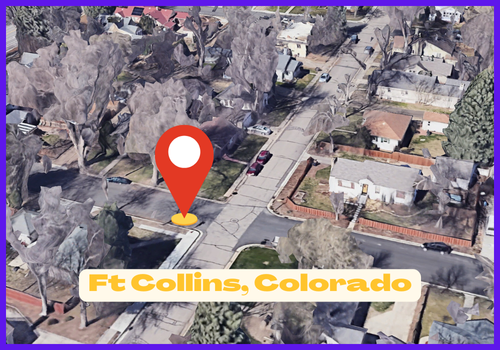 Image of a neighborhood in Ft Collins, CO with a pin marking a small intersection