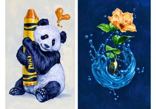 Image on left of panda holding a giant orange crayon w/an orange, goopy heart above; right is an orange flower on a blue background surrounded by swirling, blue water drops