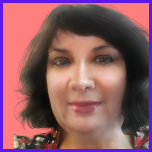 Photo of a woman with shoulder-length, dark hair, reddish lipstick and a red-and-black blouse on a salmon-colored background.