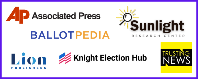 Logos of Associated Press, Ballotpedia, Sunlight Research Center, Lion Publisher, Knight Election Hub & Trusting News