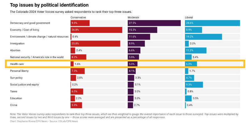 Bar chart listing top issues for Conservatives, Moderates and Liberals