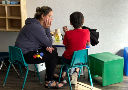 A white woman w glasses & wearing her hair in a bun looks on a child with a red shirt sits facing away from the camera