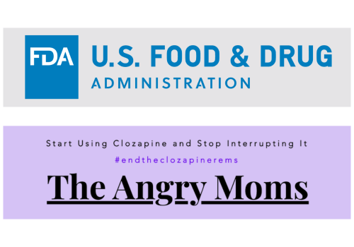 The FDA logo in blue above The Angry Moms word logo in black