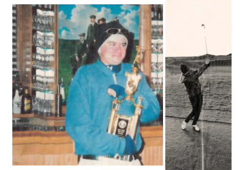 A young man in a blue jacket hugs a tall, gold trophy. B&w photo of Ravi swinging his club