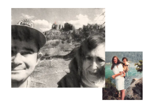 A younger man & older woman pose in front of distant rock formations. A woman with toddler on her back stands near Lake Tahoe