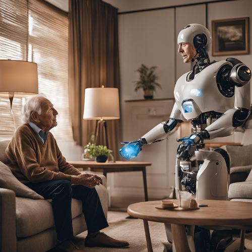 An elderly man sits on his sofa talking to a tall bot with a blue light in its hand