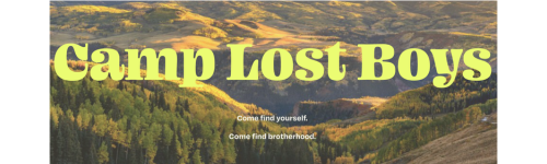 "Camp Lost Boys" superimposed on a mountainous landscape