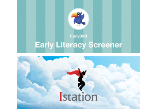 EarlyBird logo is a blue bird with a big, orange beak; Istation the profile of a child in a cape against clouds